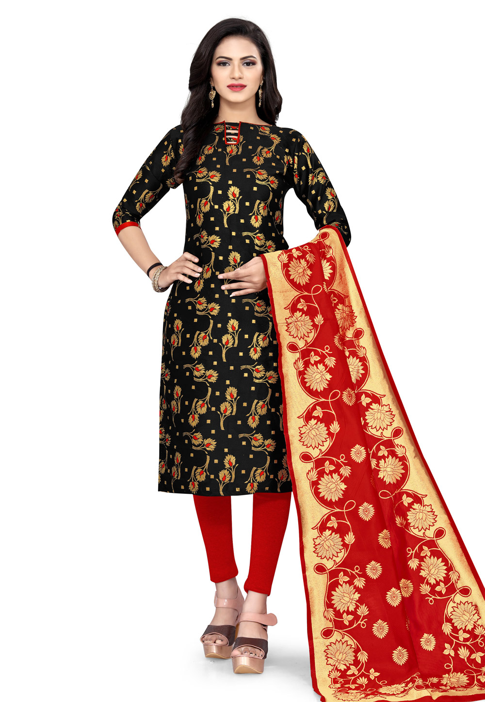 Black Banarasi Jacquard Churidar Suit 224804