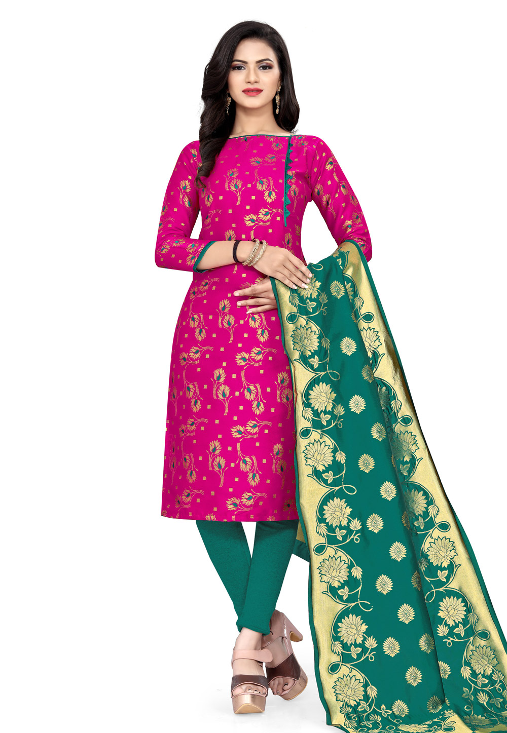 Pink Banarasi Jacquard Churidar Suit 224806
