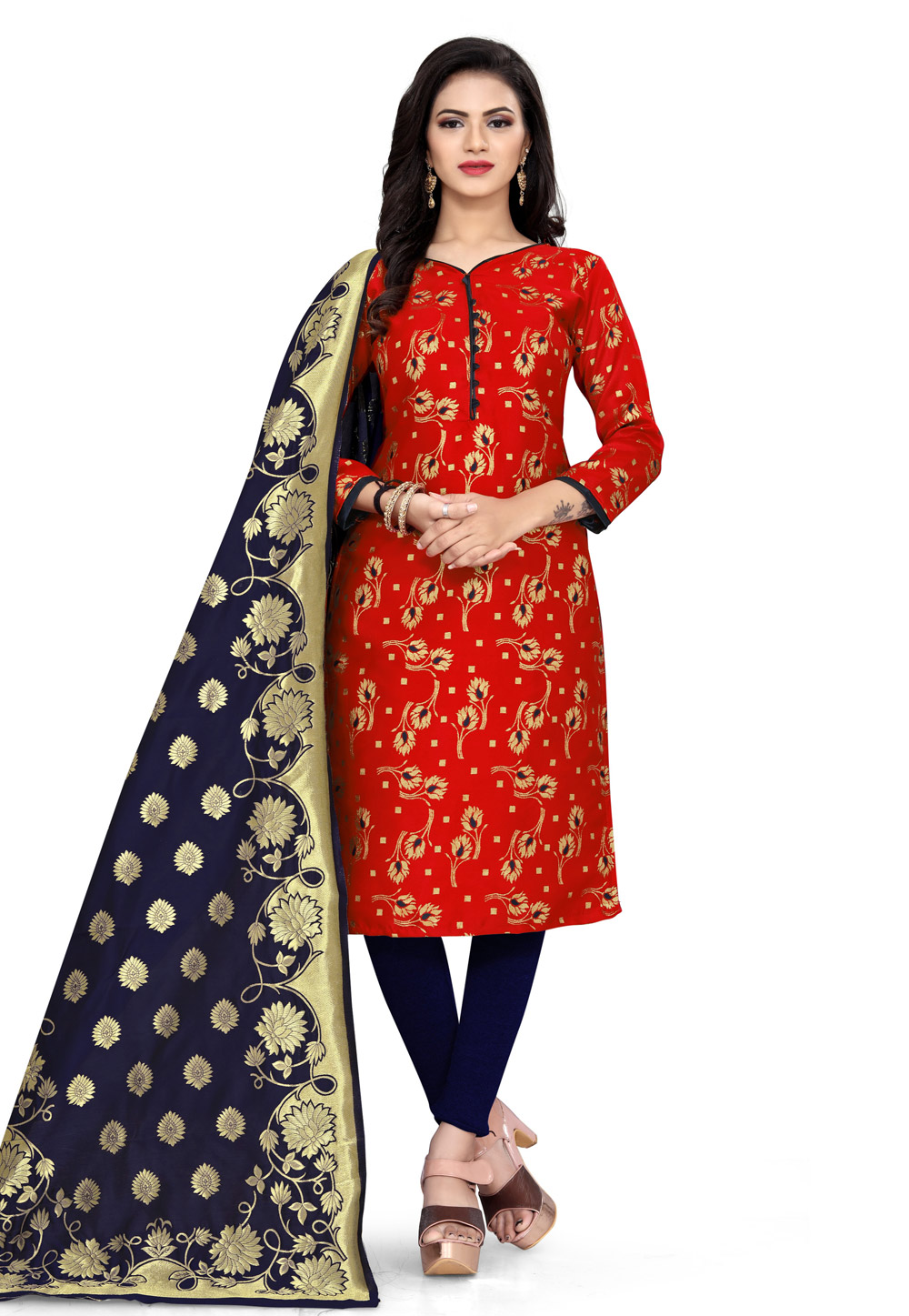 Red Banarasi Jacquard Churidar Suit 224808