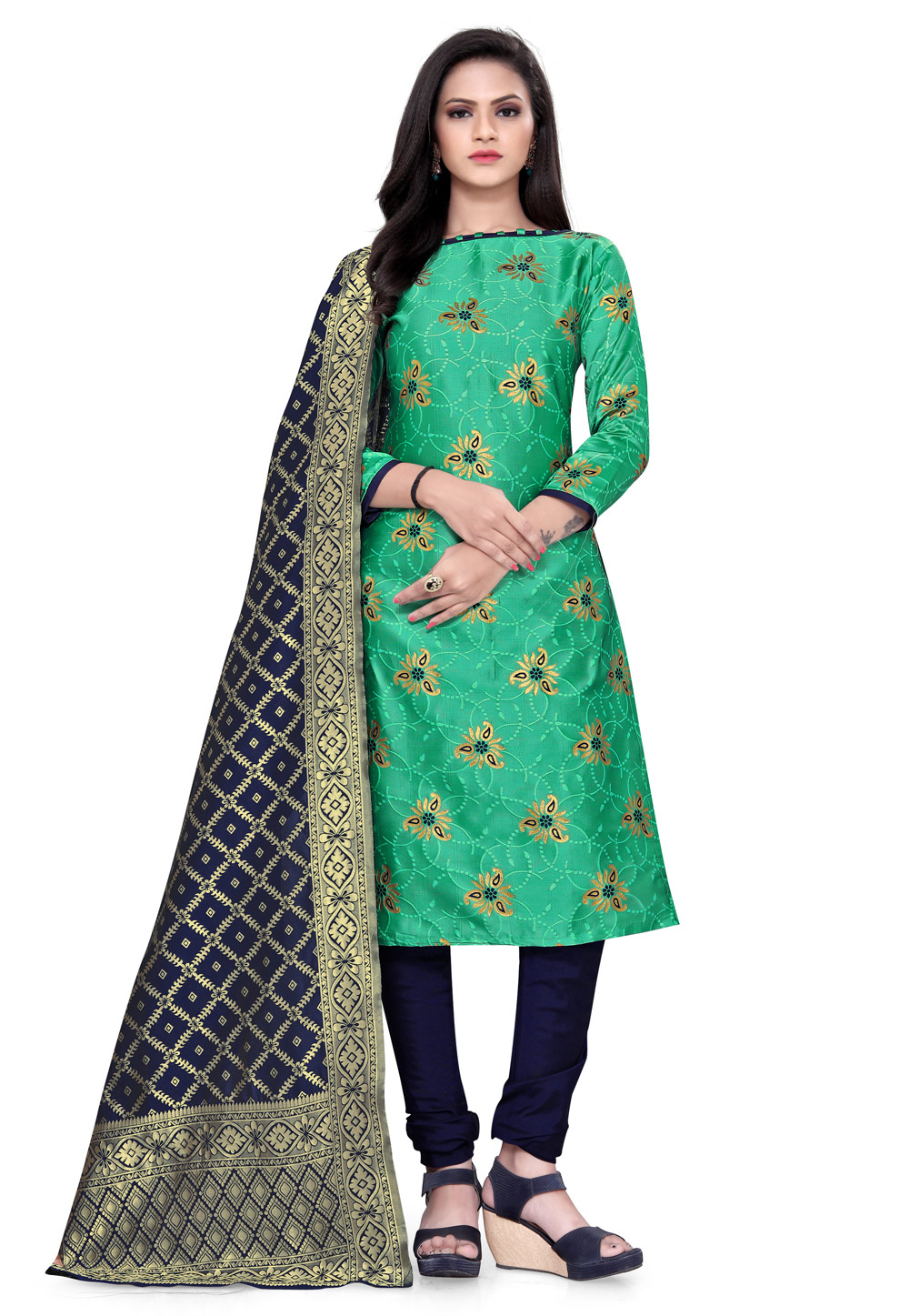 Green Banarasi Jacquard Churidar Suit 224812