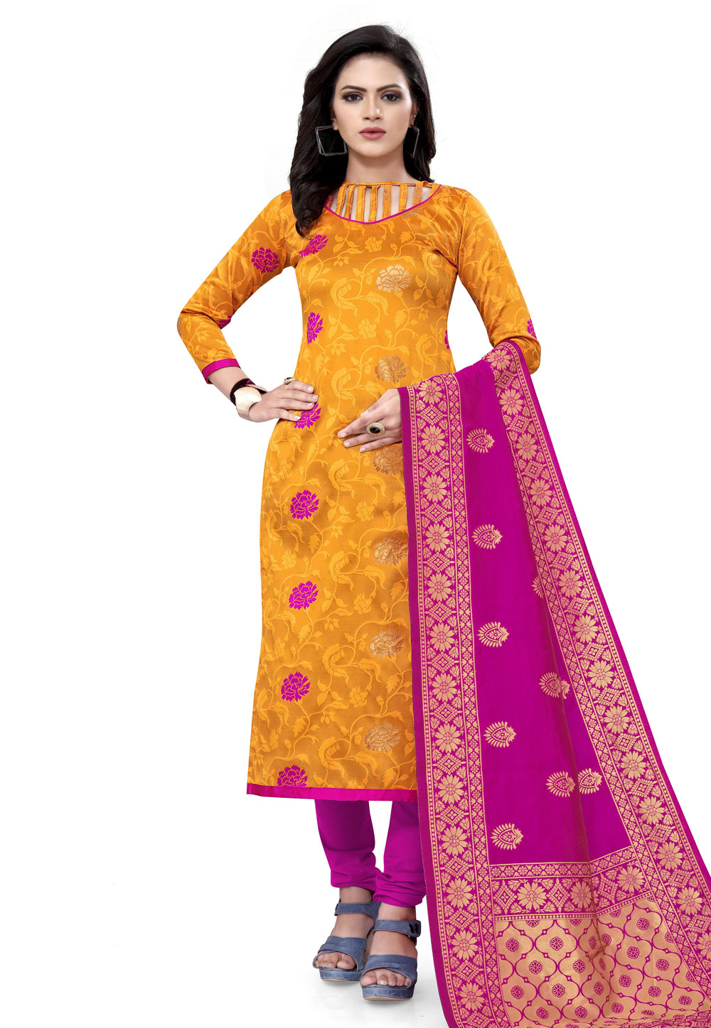 Yellow Banarasi Jacquard Churidar Suit 224820