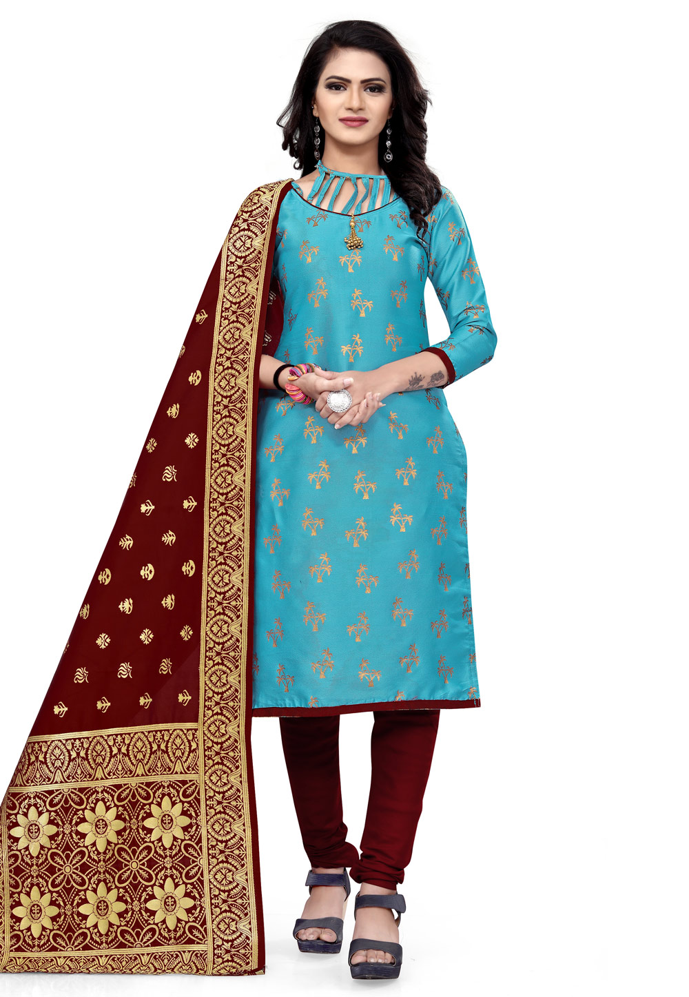 Sky Blue Banarasi Jacquard Churidar Suit 224823