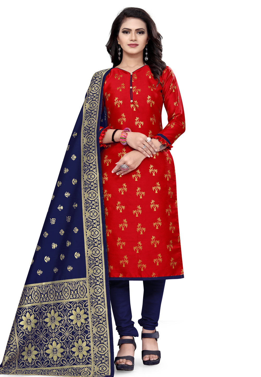 Red Banarasi Jacquard Churidar Suit 224825