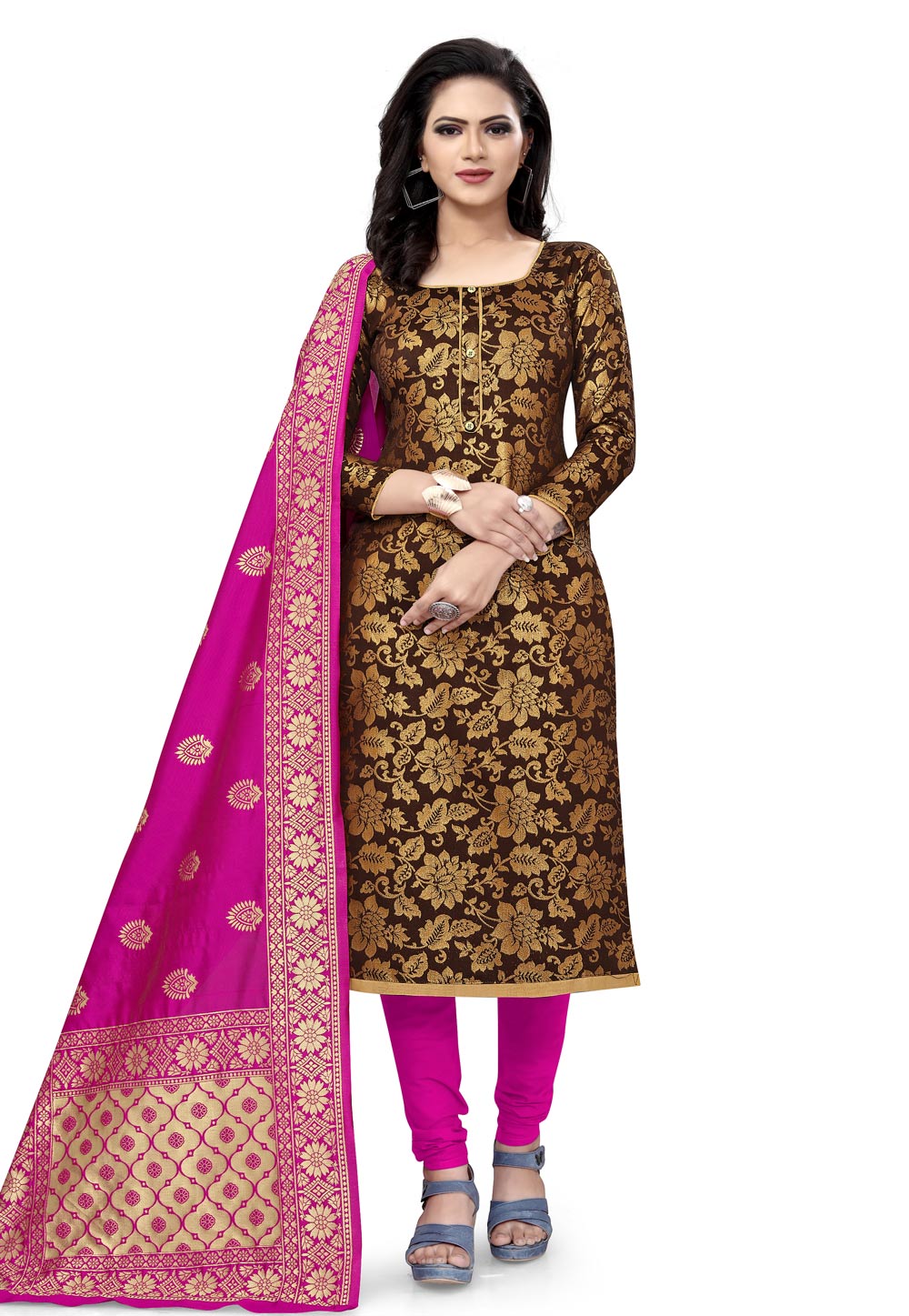 Brown Banarasi Jacquard Churidar Suit 224829