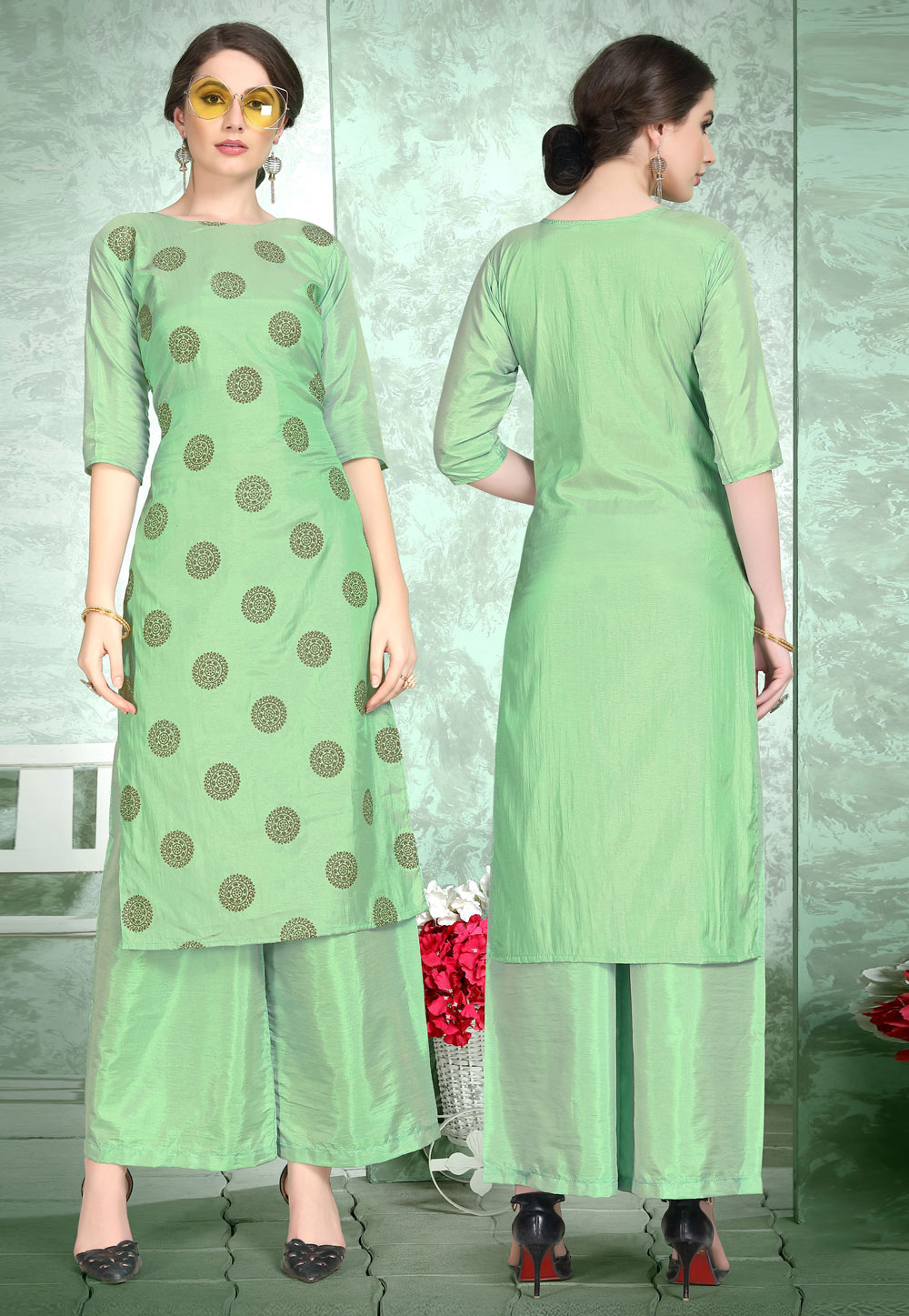 Green Silk Kurta Set With Palazzo 224835