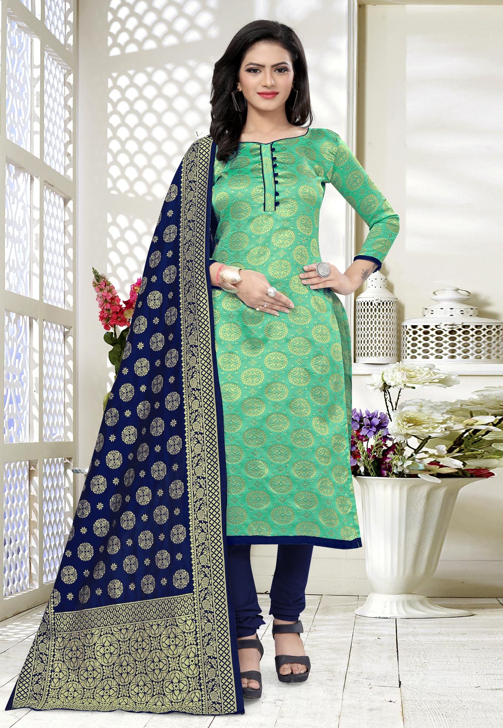 Green Banarasi Jacquard Churidar Salwar Suit 224852