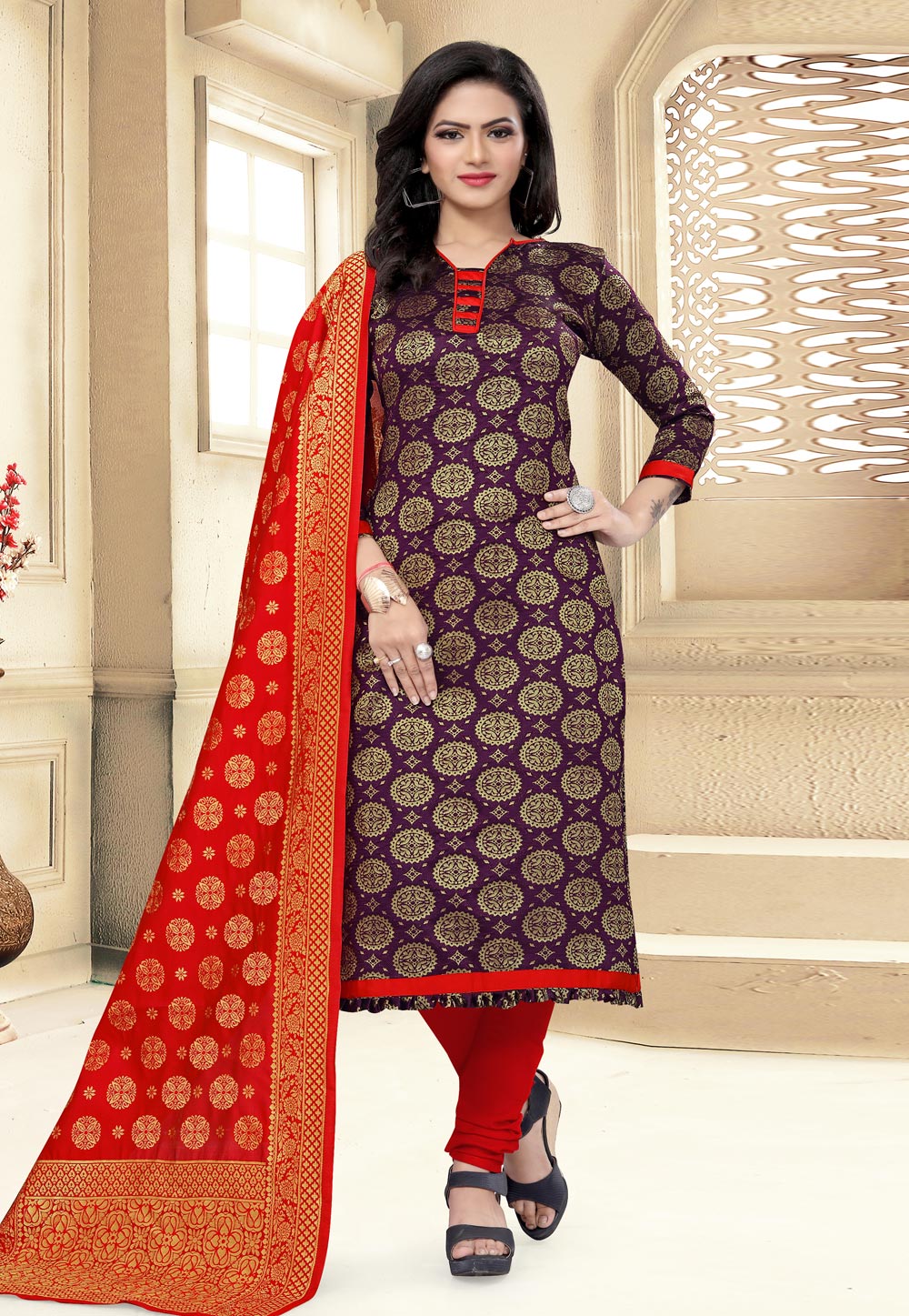Purple Banarasi Jacquard Churidar Suit 224853