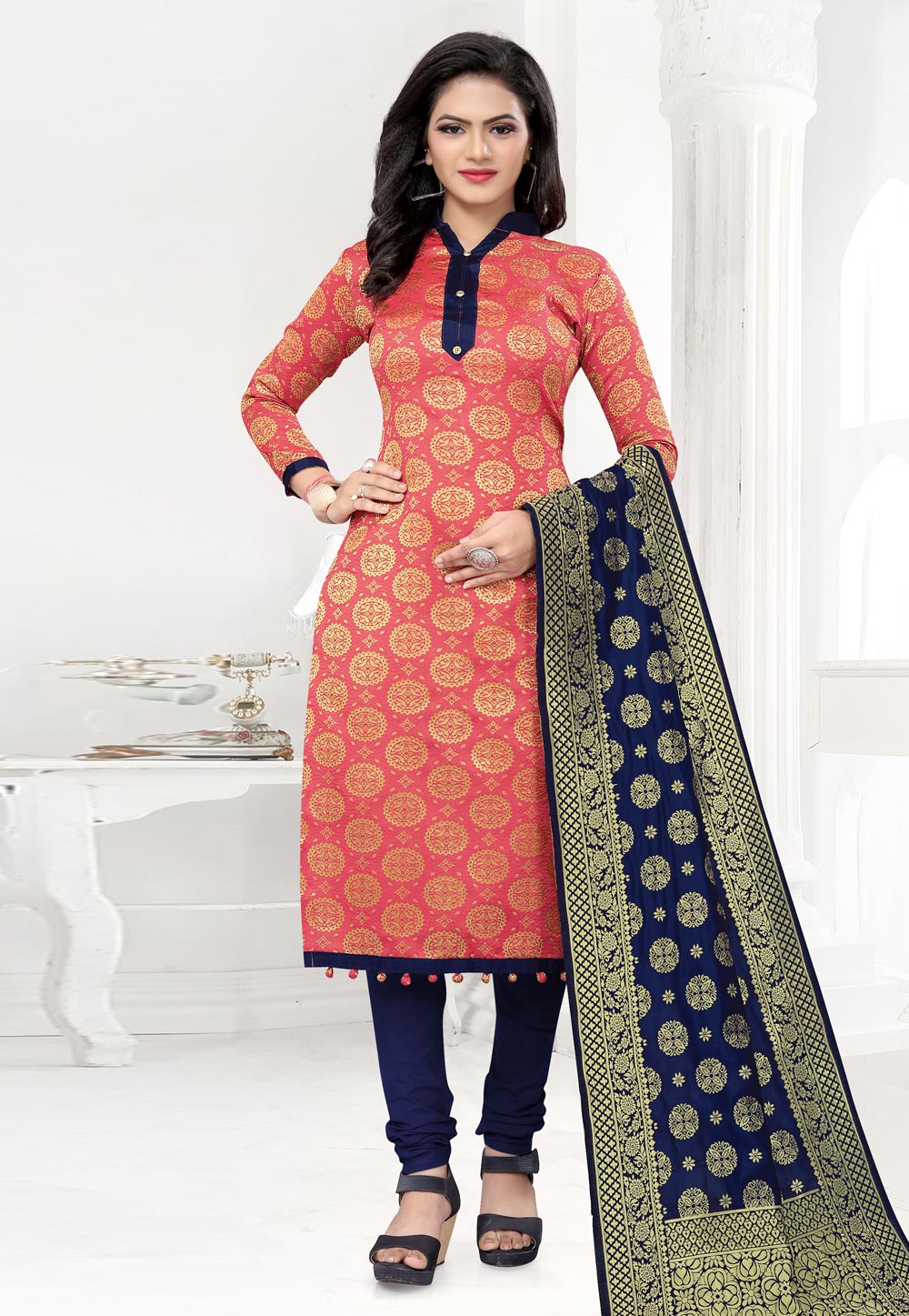Pink Banarasi Jacquard Churidar Suit 224855