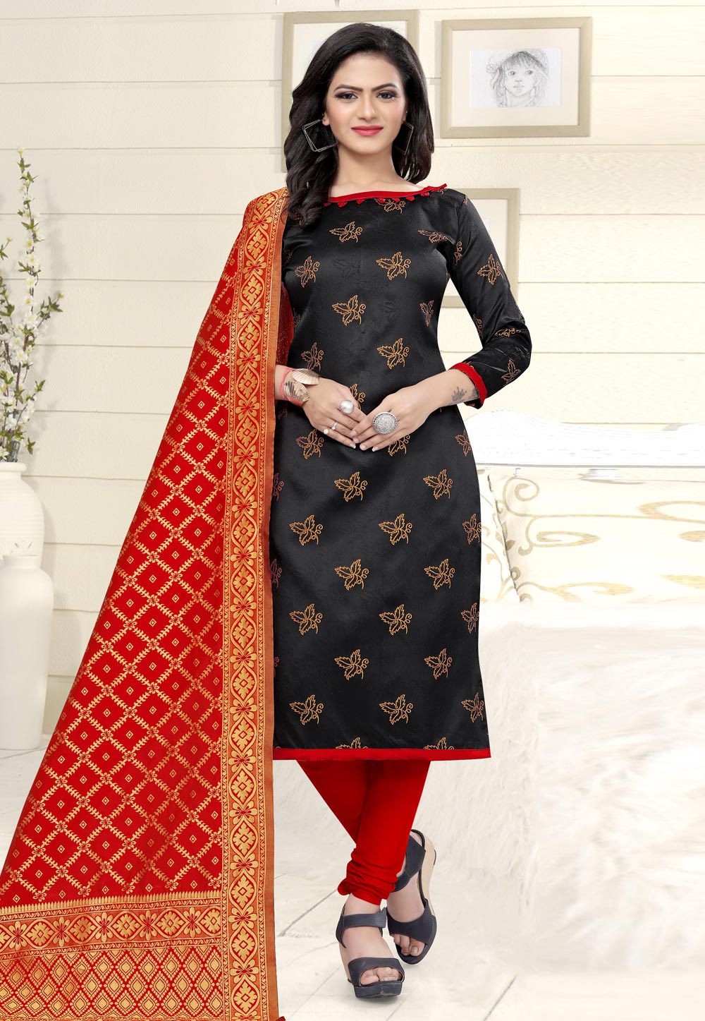 Black Banarasi Jacquard Churidar Salwar Suit 224856