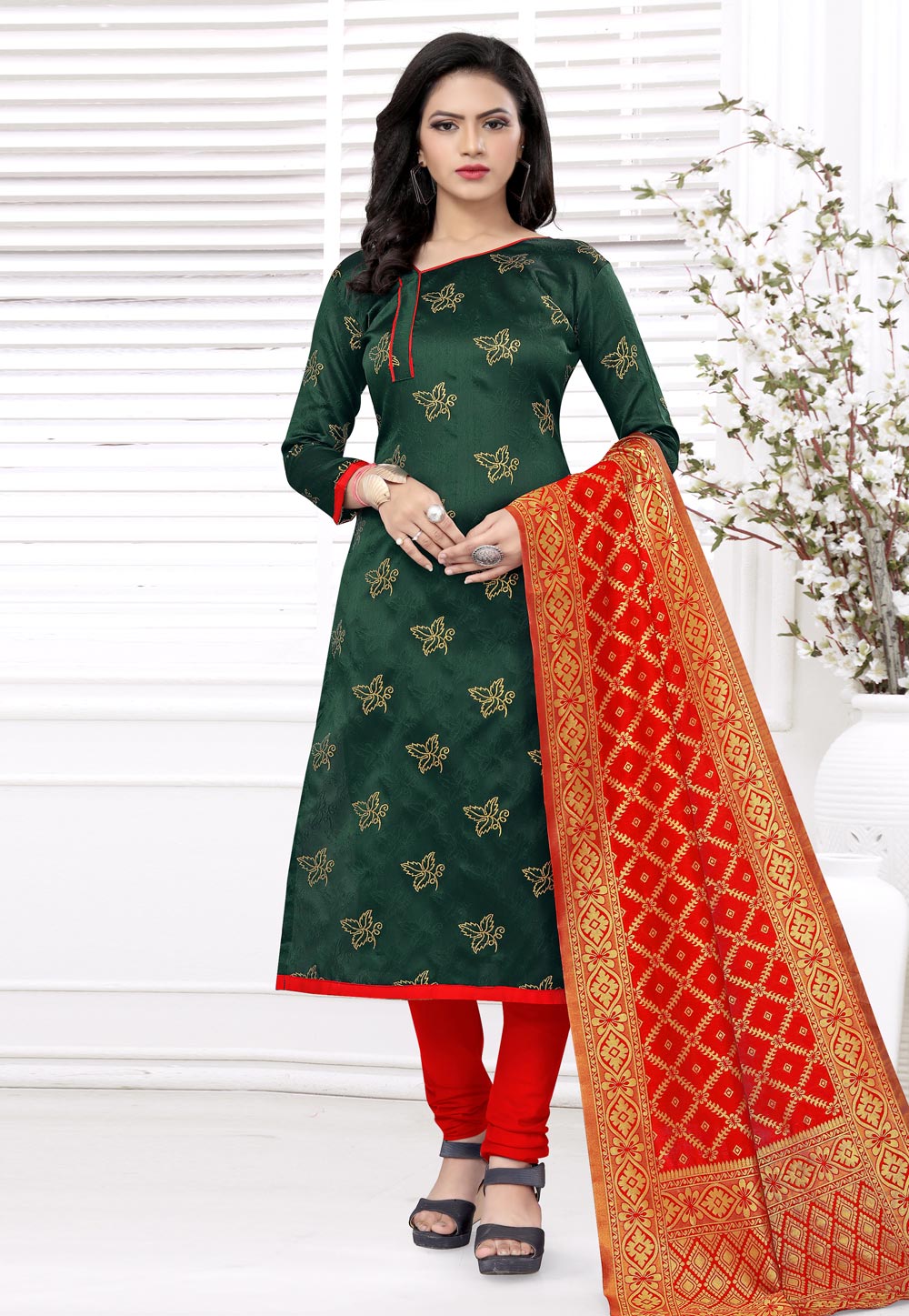 Green Banarasi Jacquard Churidar Salwar Suit 224858