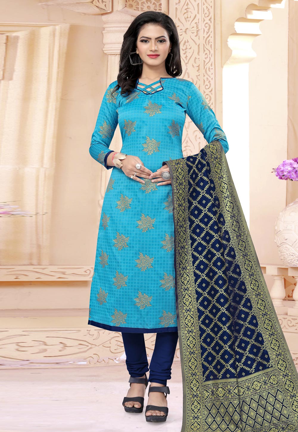 Sky Blue Banarasi Jacquard Churidar Salwar Suit 224860
