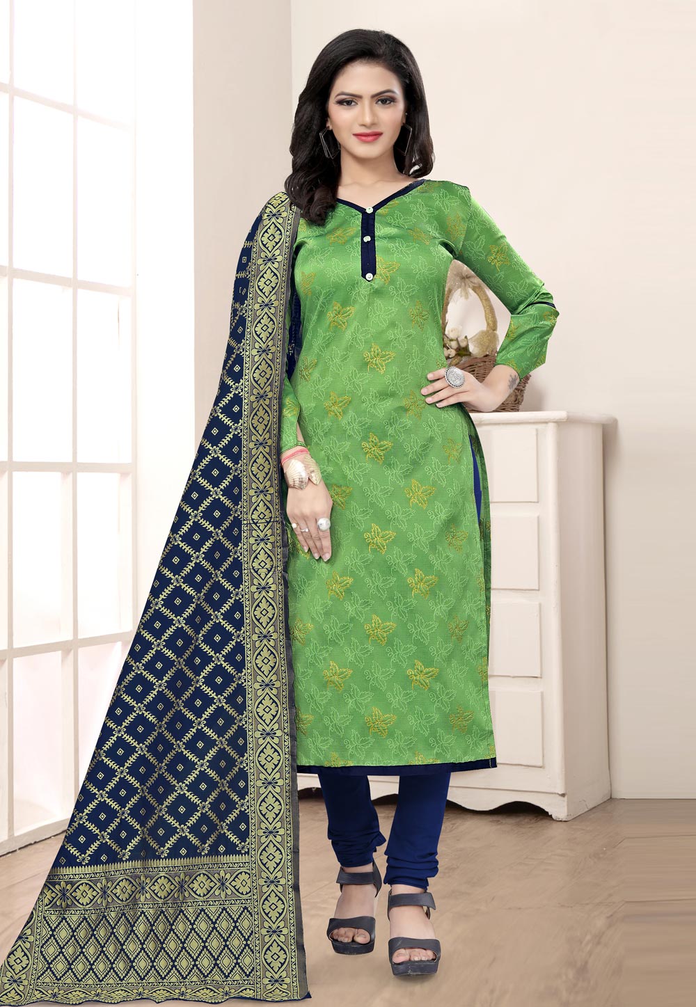 Green Banarasi Jacquard Churidar Salwar Suit 224862