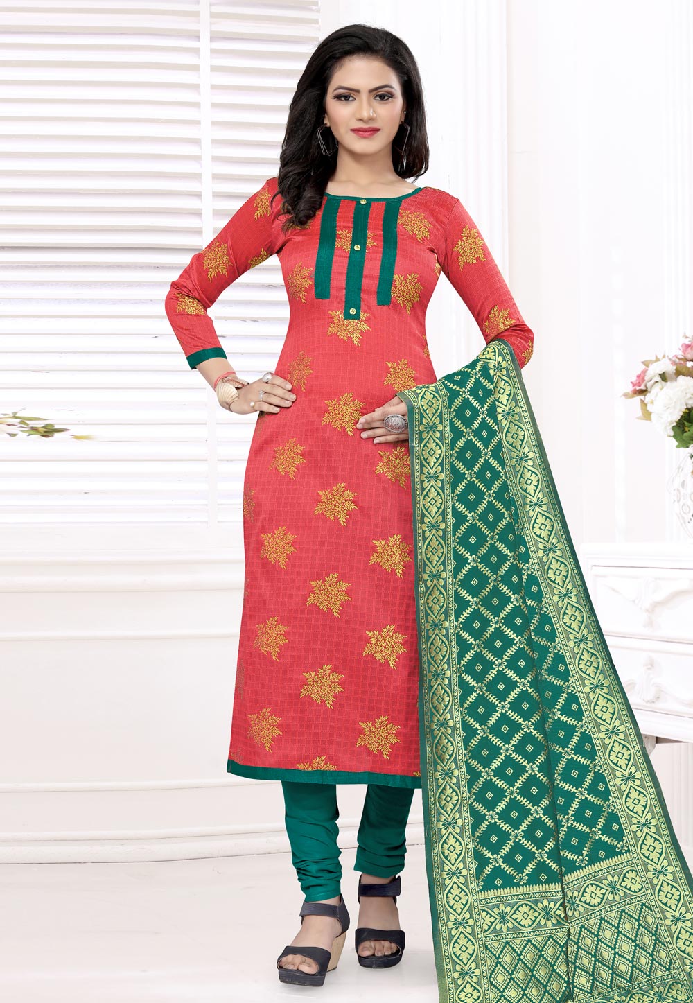 Pink Banarasi Jacquard Churidar Suit 224863