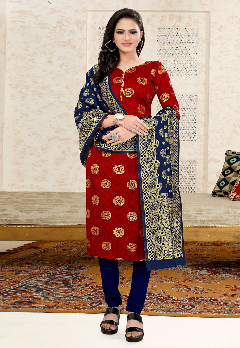 Red Banarasi Jacquard Churidar Suit 224839