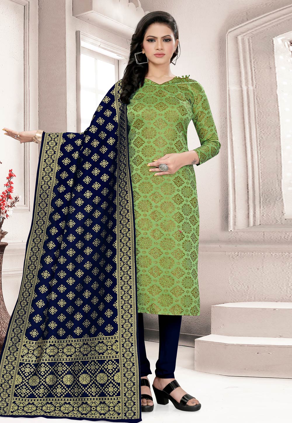 Green Banarasi Jacquard Churidar Suit 224843