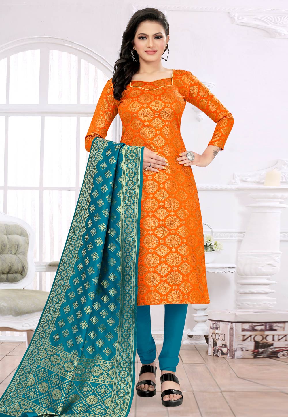 Orange Banarasi Jacquard Churidar Suit 224845