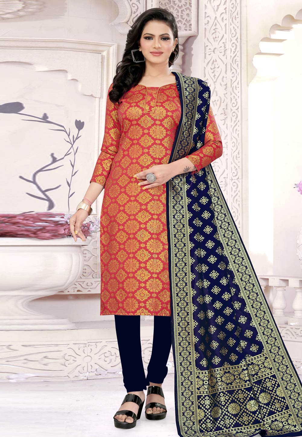 Pink Banarasi Jacquard Churidar Suit 224847