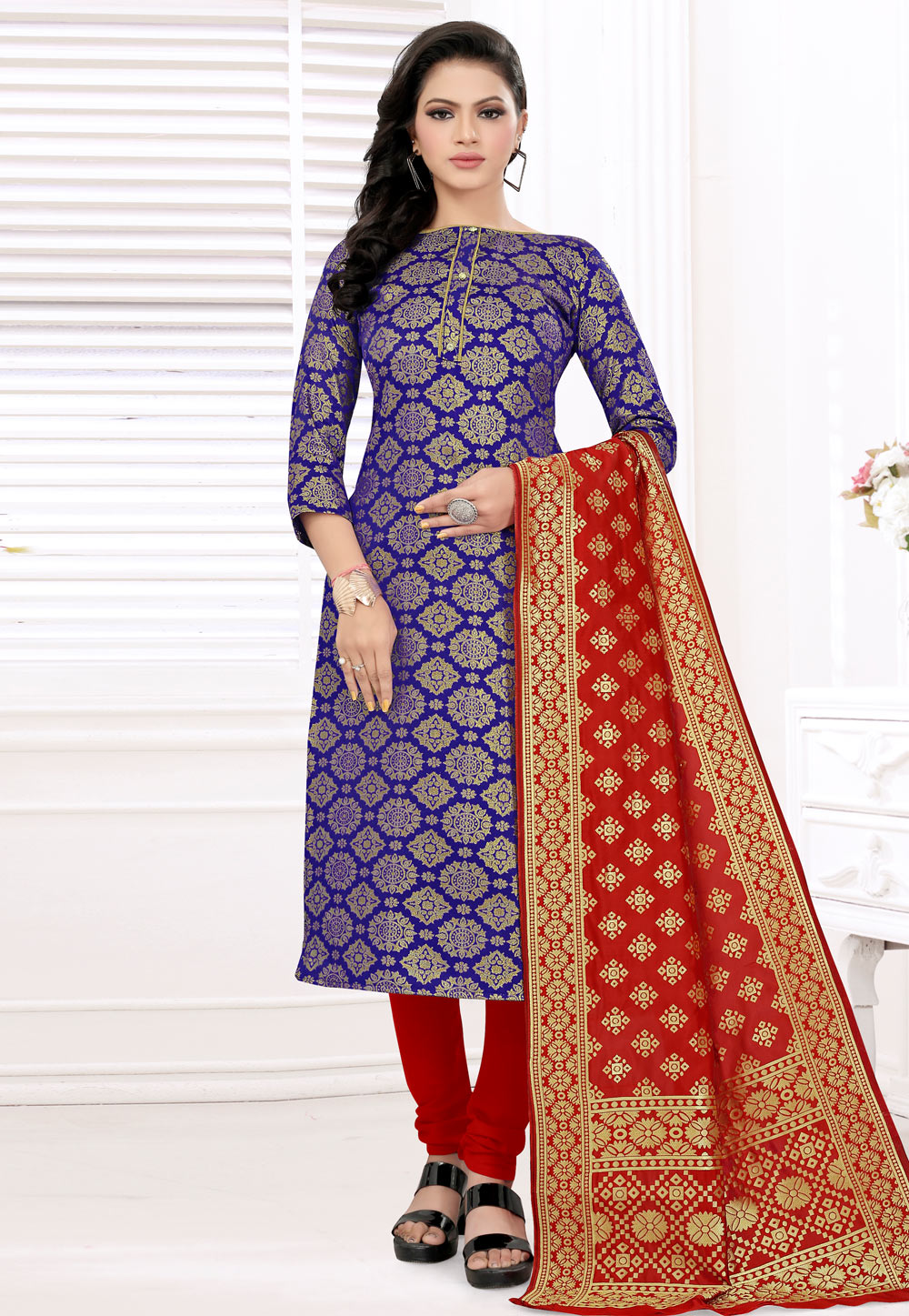 Blue Banarasi Jacquard Churidar Suit 224849