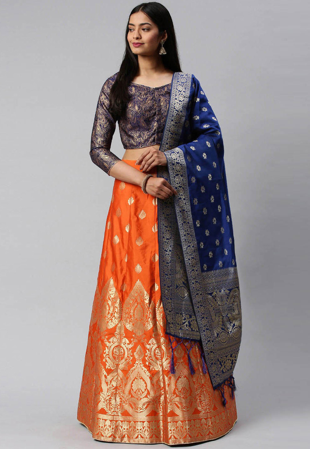 Orange Banarasi Silk A Line Lehenga Choli 225592