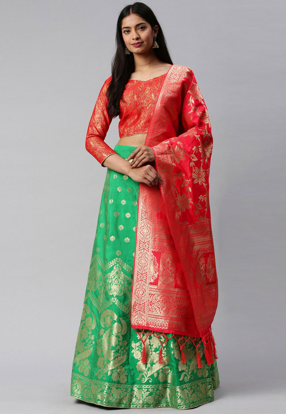 Green Banarasi Silk A Line Lehenga Choli 225594