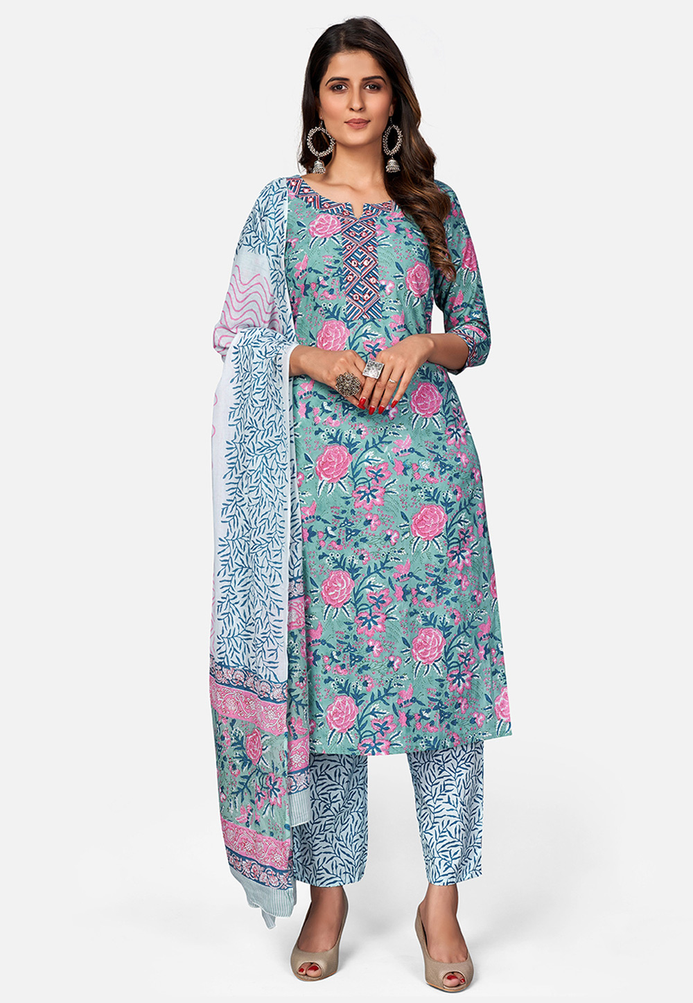 Sea Green Cotton Readymade Pant Style Suit 225944