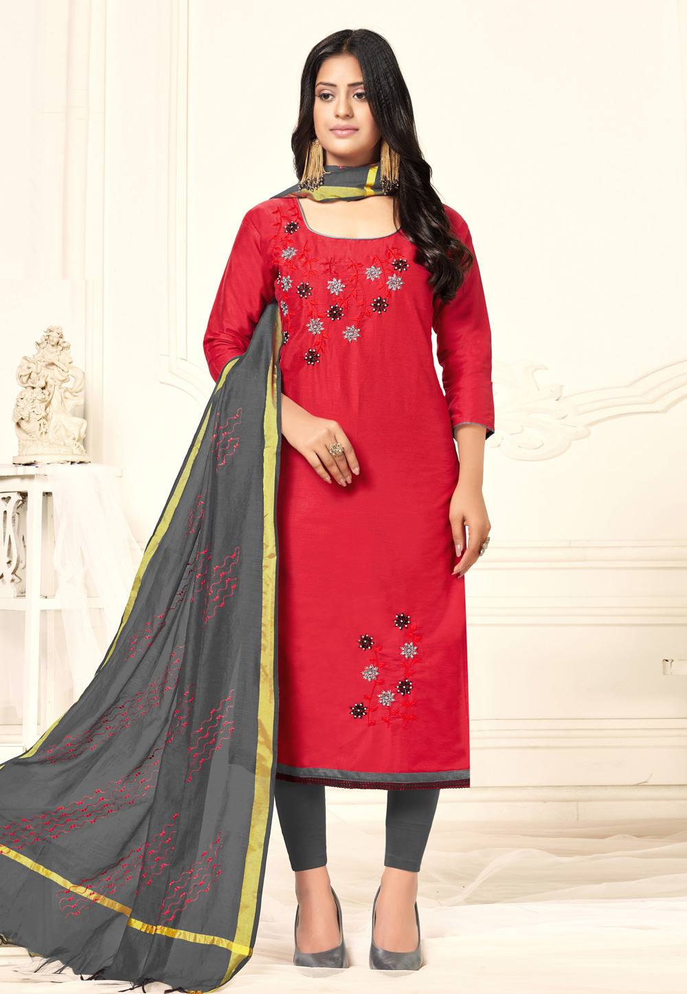 Red Cotton Pant Style Suit 226021