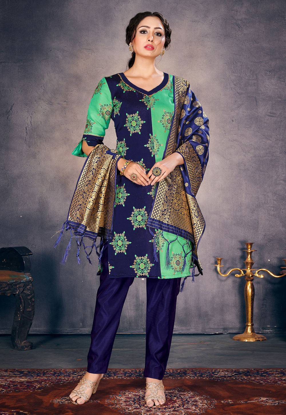 Navy Blue Banarasi Silk Pant Style Suit 226095