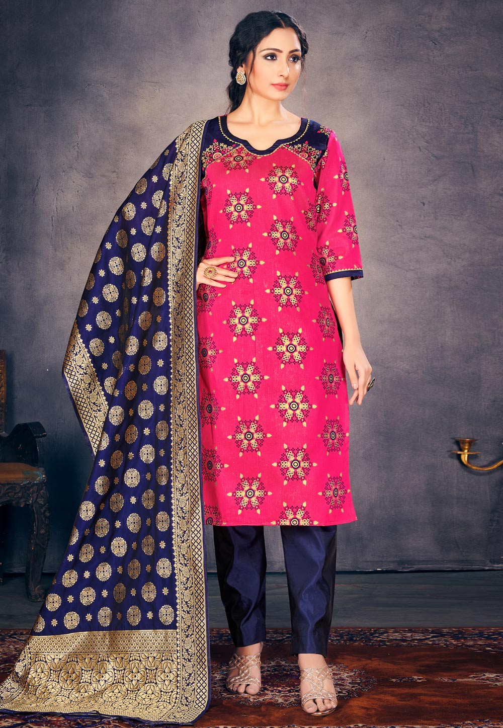 Pink Banarasi Silk Pant Style Suit 226097