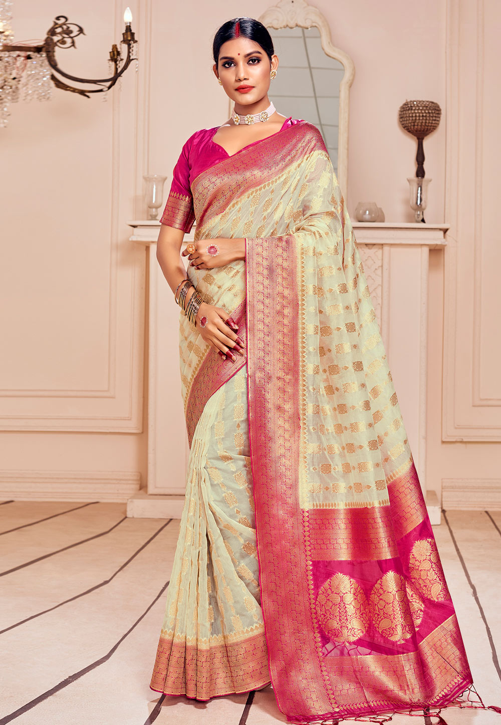 Cream Banarasi Silk Saree With Blouse 228144
