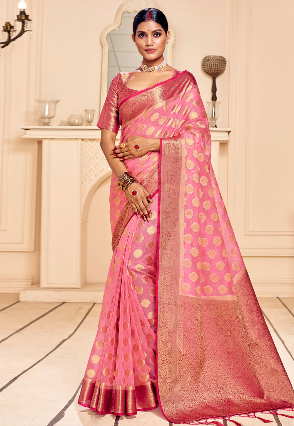 Pink Banarasi Silk Saree With Blouse 228146