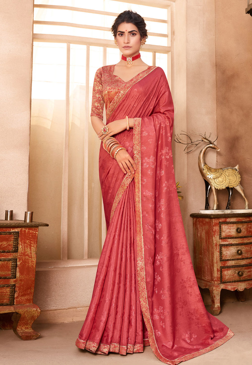 Pink Jacquard Silk Saree With Blouse 228121