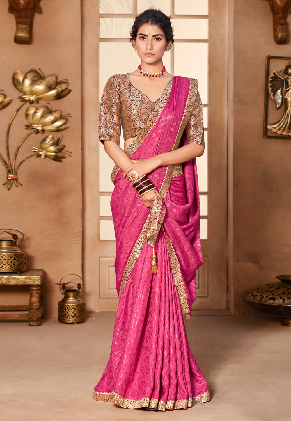Pink Jacquard Silk Saree With Blouse 228127
