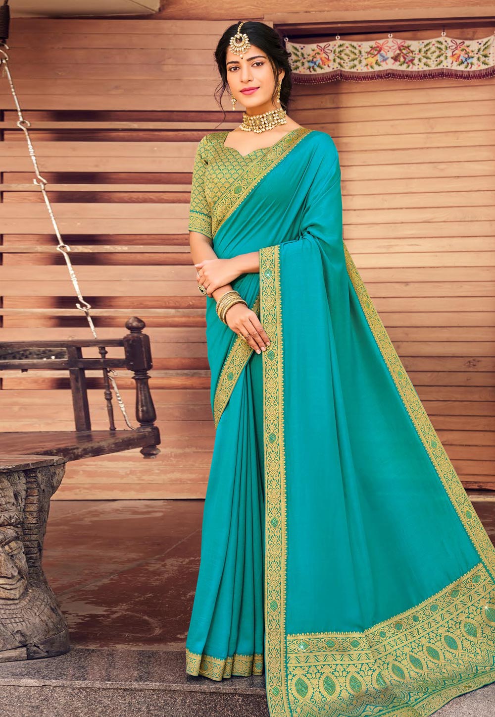 Turquoise Silk Saree With Blouse 229941