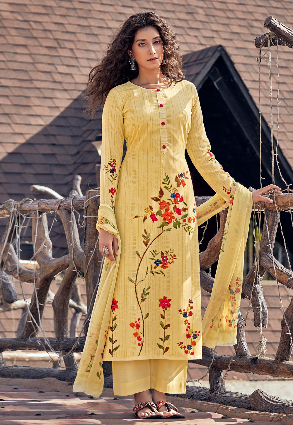 Yellow Cambric Cotton Palazzo Suit 230275