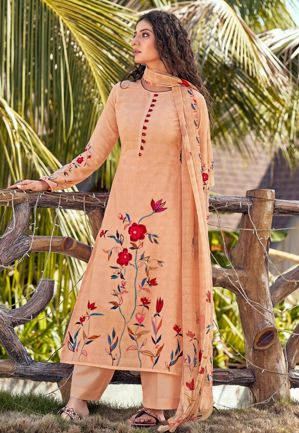 Peach Cambric Cotton Kameez With Palazzo 230280