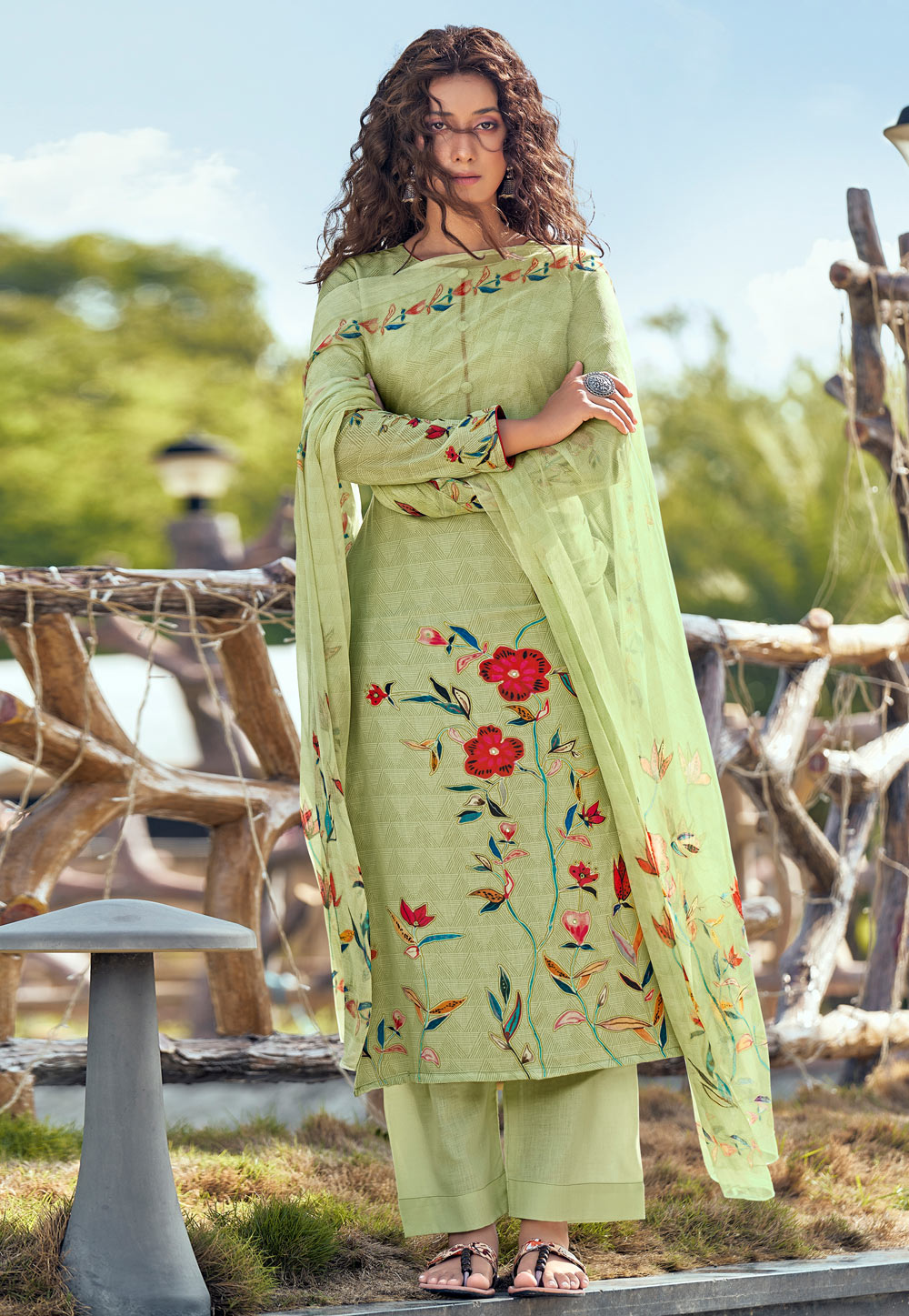 Pista Green Cambric Cotton Kameez With Palazzo 230282