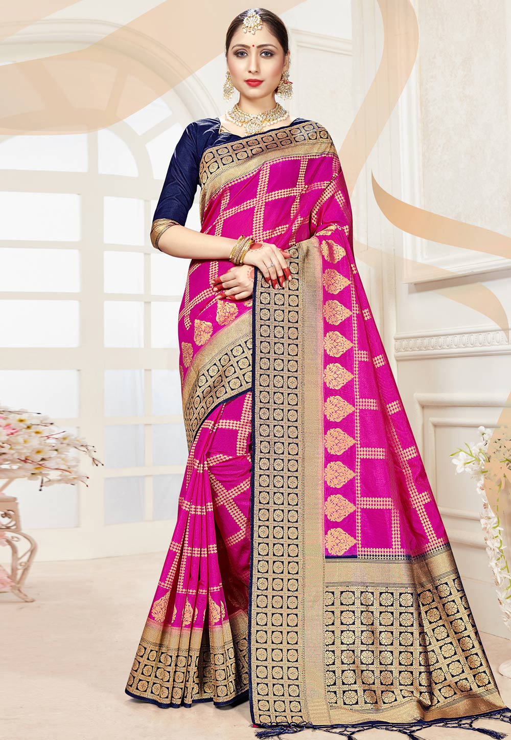 Pink Banarasi Silk Saree With Blouse 230661