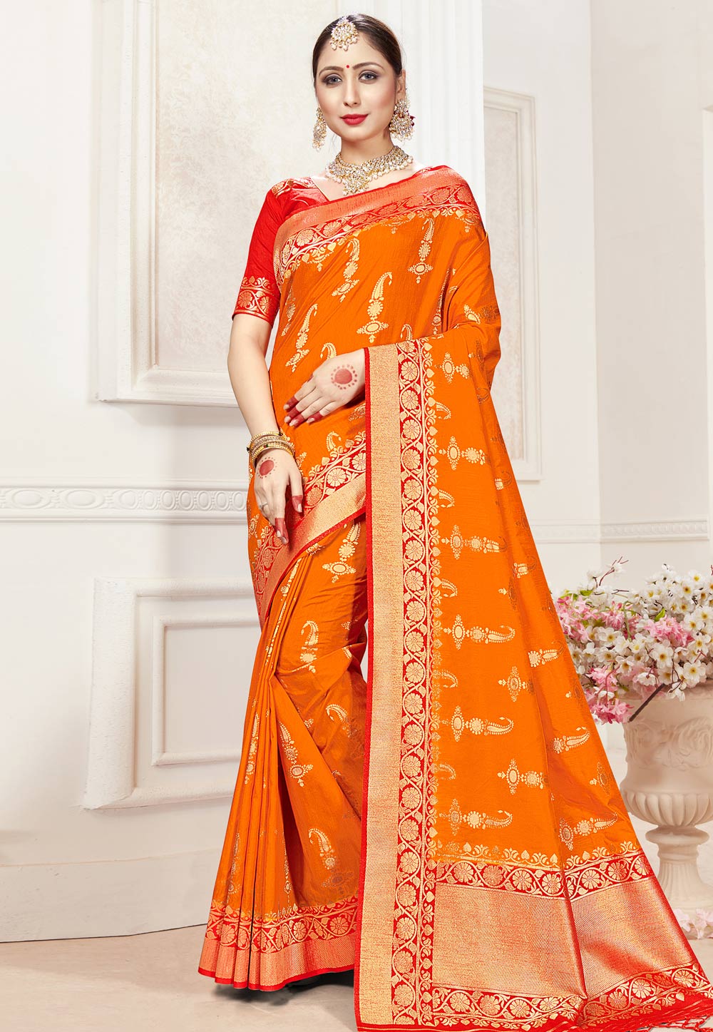 Orange Banarasi Silk Saree With Blouse 230662
