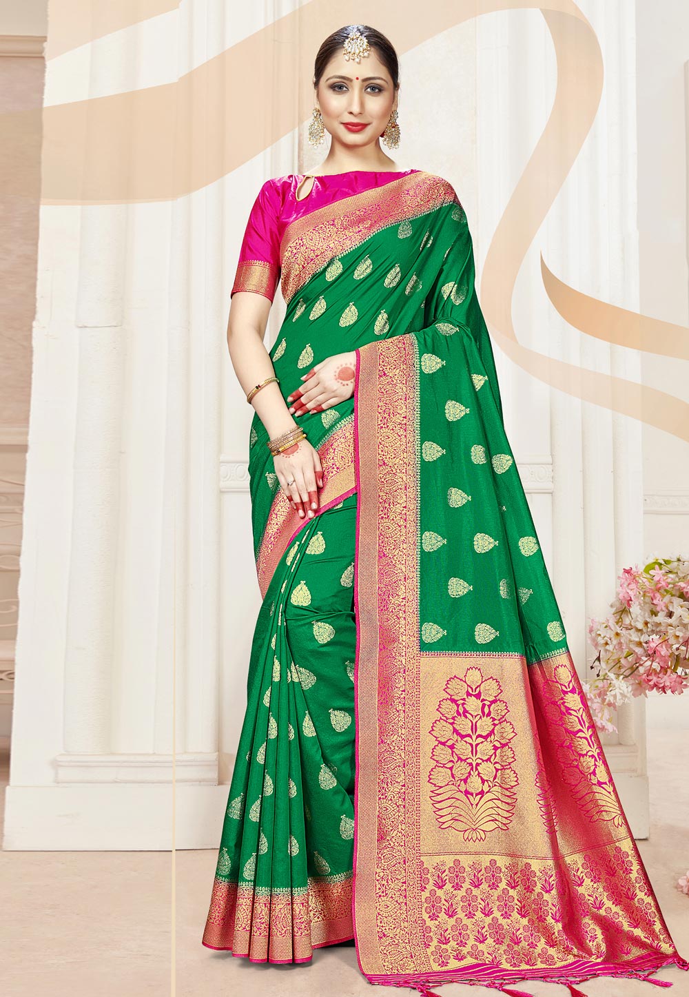 Green Banarasi Silk Saree With Blouse 230664