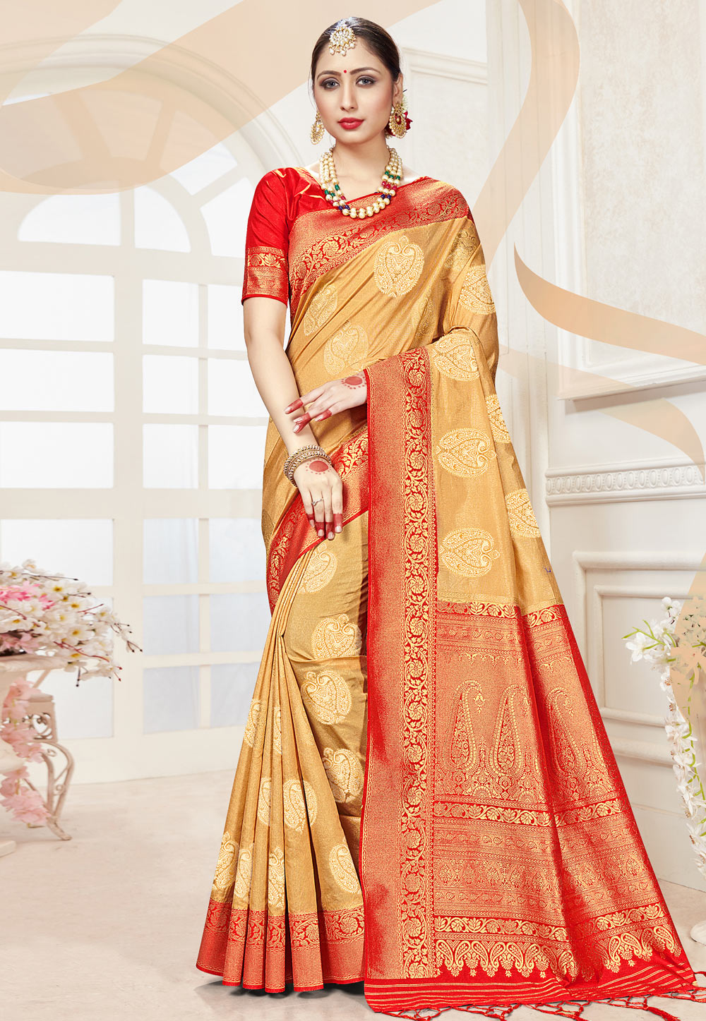 Beige Banarasi Silk Saree With Blouse 230666
