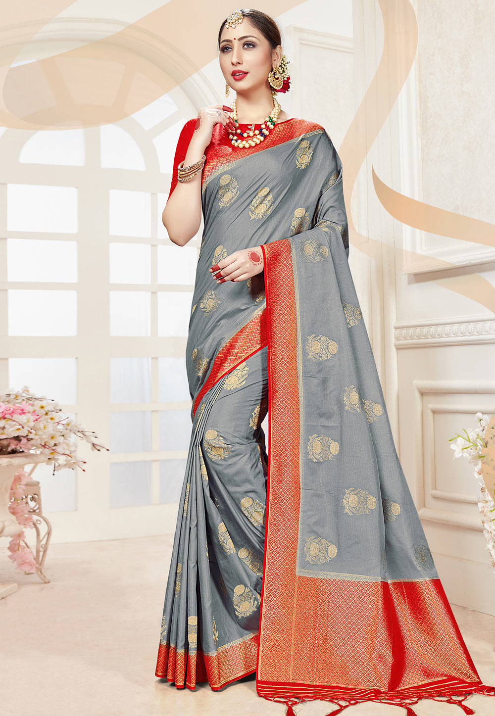 Grey Banarasi Silk Festival Wear Saree 230668