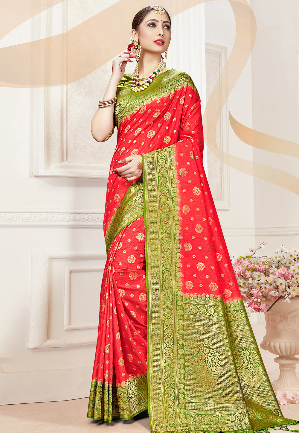 Red Banarasi Silk Saree With Blouse 230669