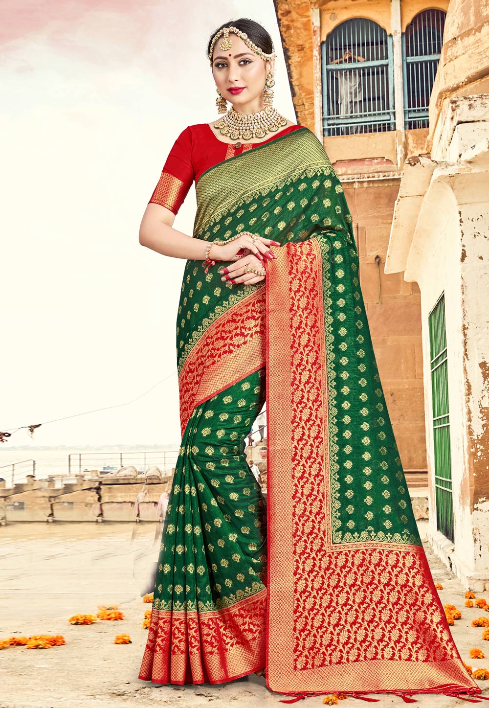 Green Banarasi Silk Saree With Blouse 230741