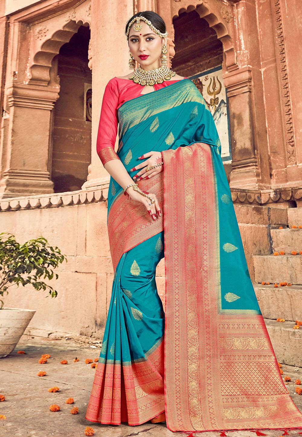 Turquoise Banarasi Silk Saree With Blouse 230743
