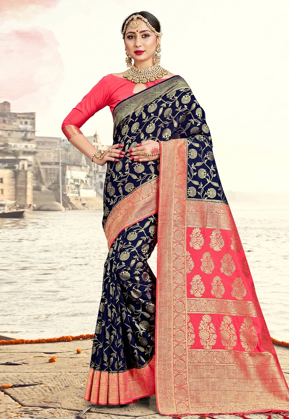 Navy Blue Banarasi Silk Festival Wear Saree 230744