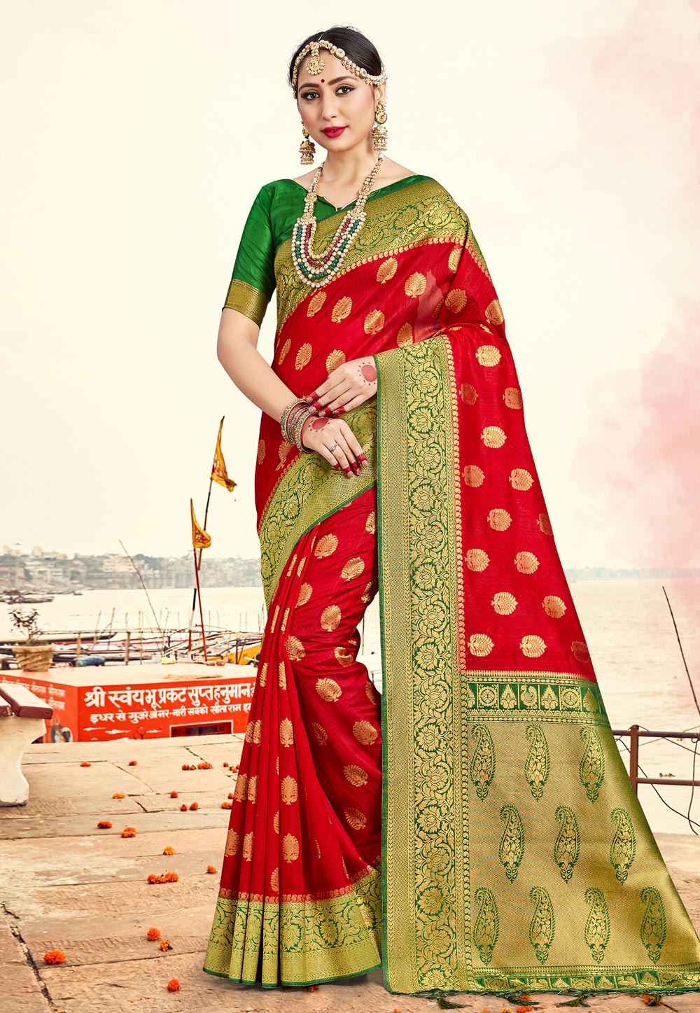 Red Banarasi Silk Saree With Blouse 230745