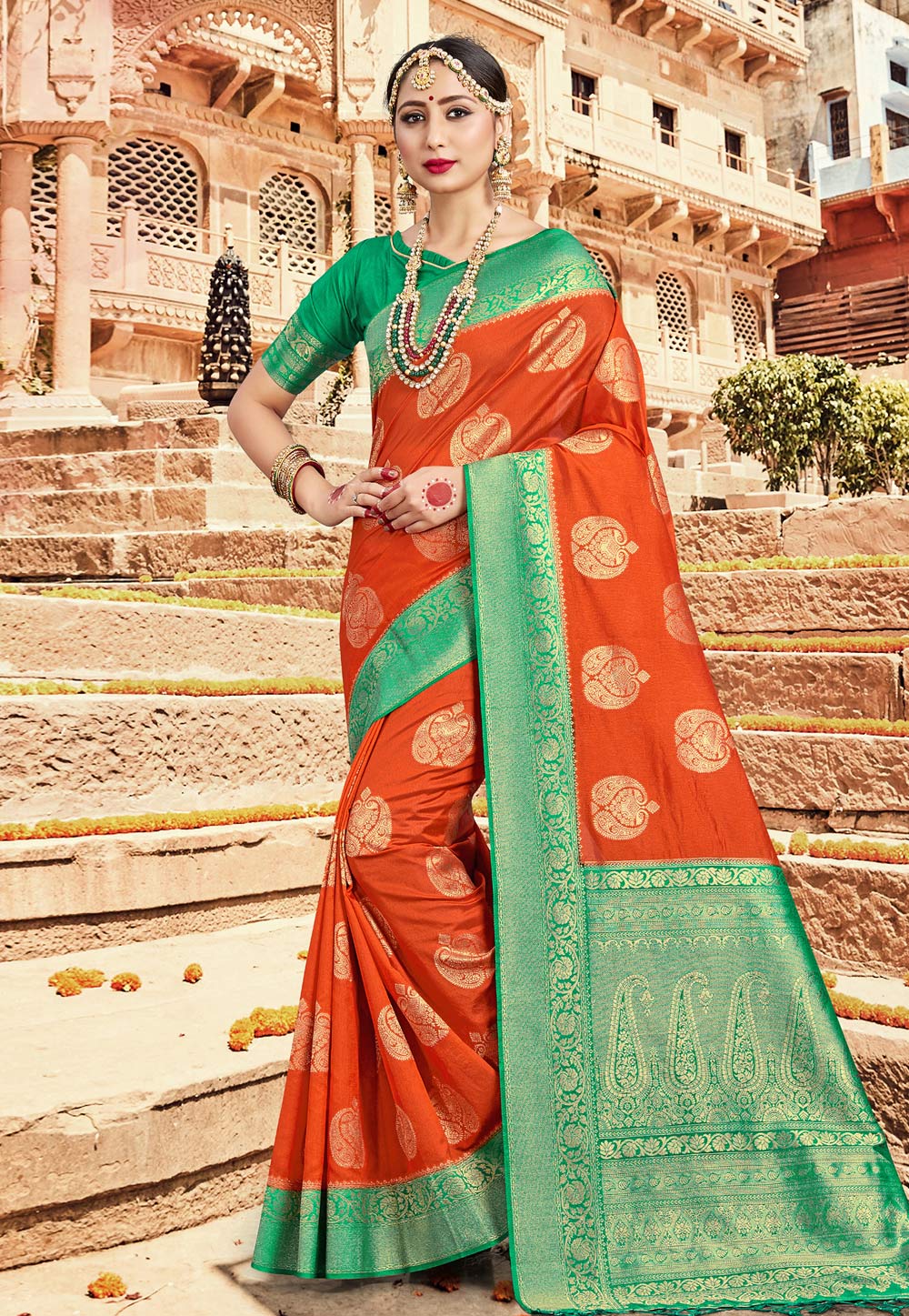 Orange Banarasi Silk Festival Wear Saree 230746