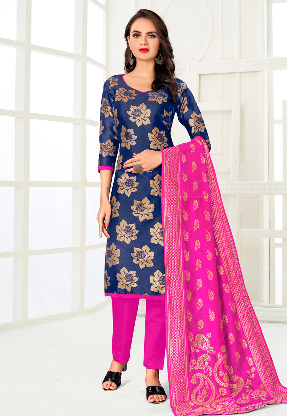 Navy Blue Banarasi Silk Pant Style Suit 233138