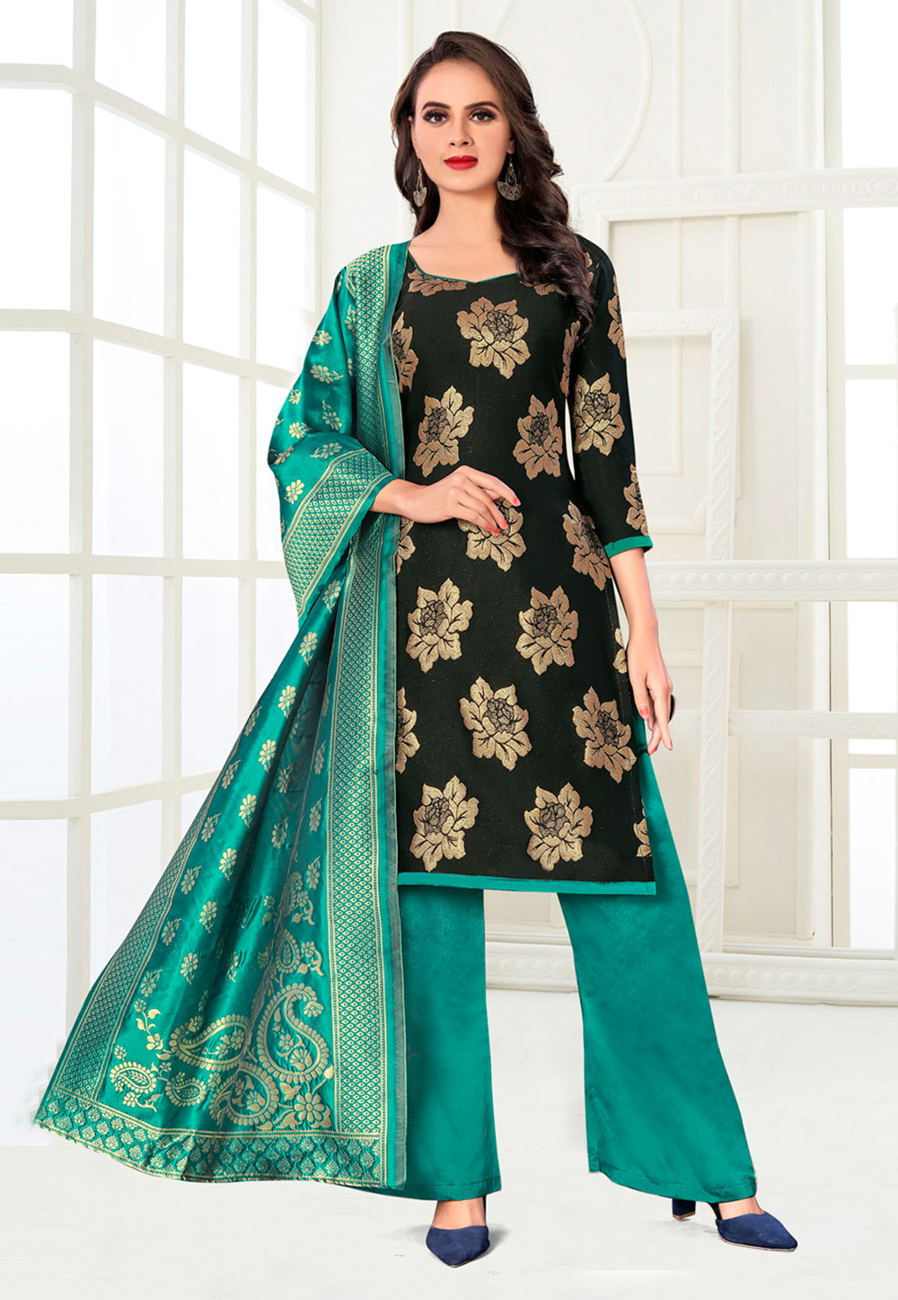 Black Banarasi Silk Palazzo Suit 233139
