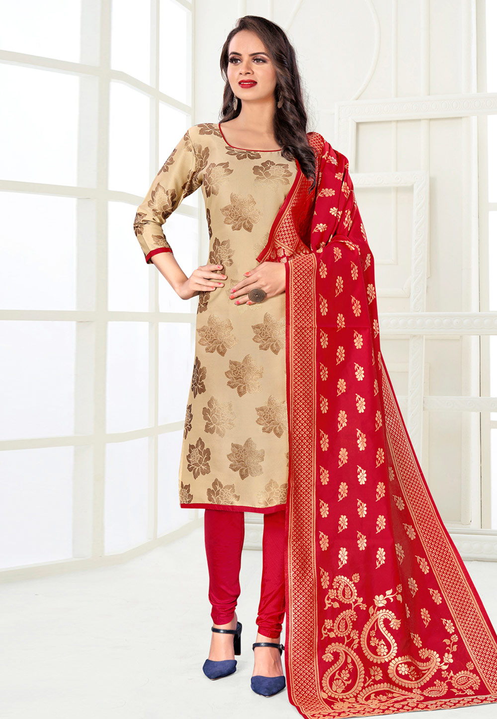 Beige Banarasi Silk Churidar Suit 233140